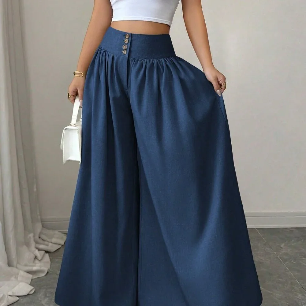 Blue Casual Women's Elegant Floral Buckle Design Loose Pants
